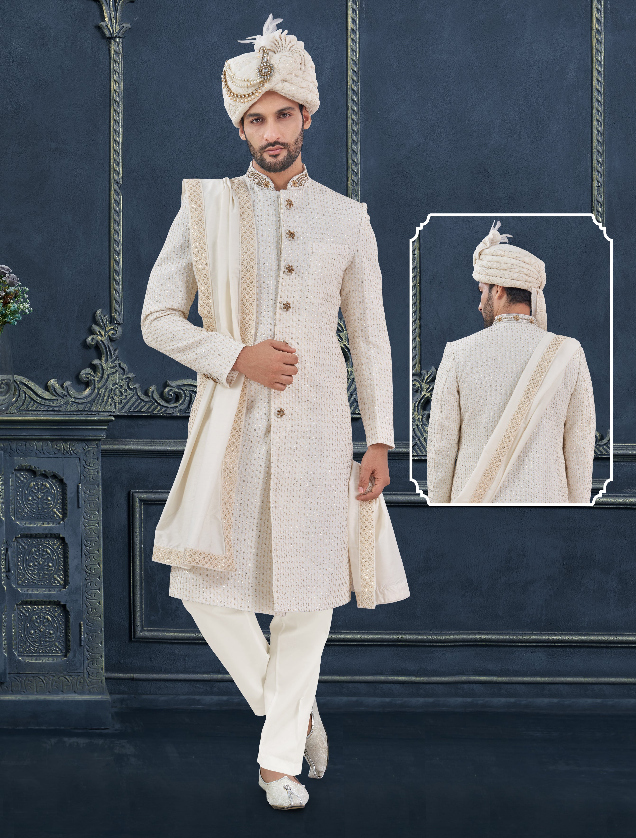 Angasudha Royal Off-White Embroidered Sherwani Set – Perfect for Marri –  Angasudha.com