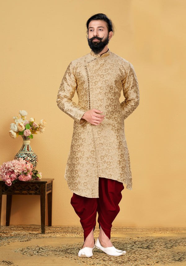 Angasudha Regal Beige Jacquard Silk Indo-Western Set