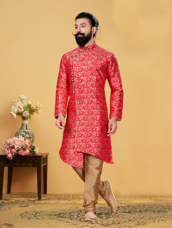 Angasudha Scarlet Gold Jacquard Silk Indo-Western Set