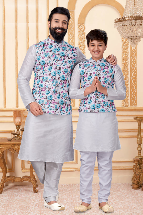 Angasudha Father-Son Matching Light Grey Kurta Set with Blue Floral Nehru Jacket