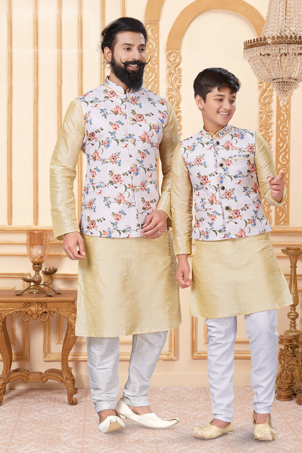 Angasudha Father-Son Matching Beige Kurta Set with White Floral Printed Nehru Jacket