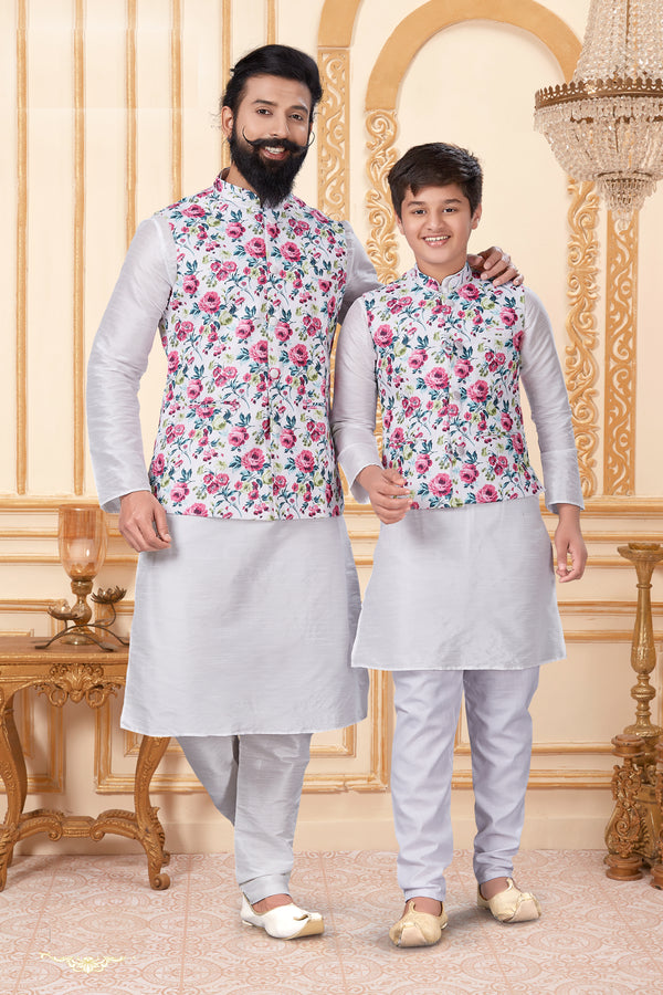 Angasudha Father-Son Matching White Kurta Set with Floral Nehru Jacket