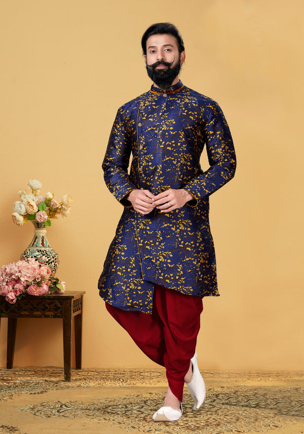 Angasudha Imperial Navy Gold Jacquard Silk Indo-Western Set