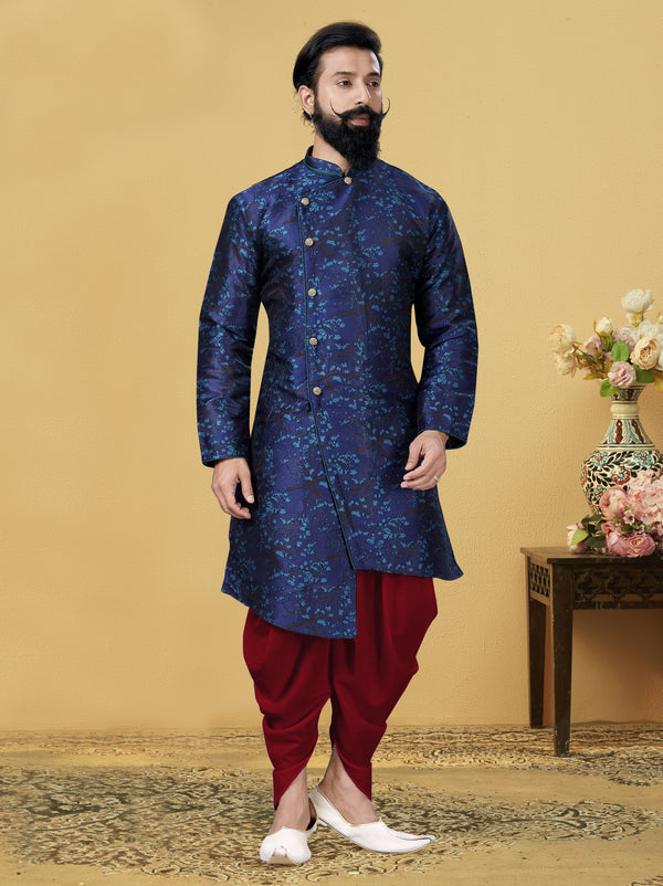 Angasudha Royal Teal Blossom Jacquard Silk Indo-Western Set