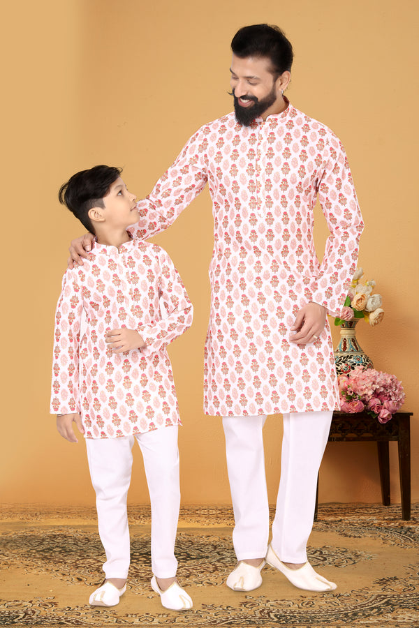 Angasudha Matching Father-Son Floral Printed Kurta Set - White & Pink