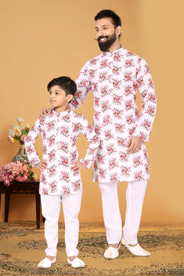 Angasudha Matching Father-Son White Floral Kurta Set – Red & Black Bouquet Print