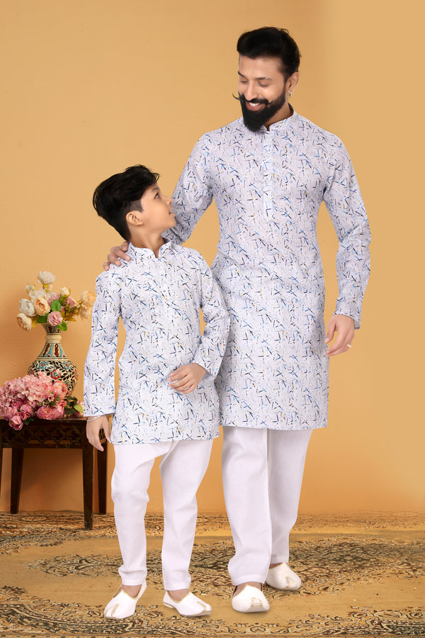 Angasudha Matching Father-Son Abstract Print Kurta Set – Sky Blue & Navy Strokes
