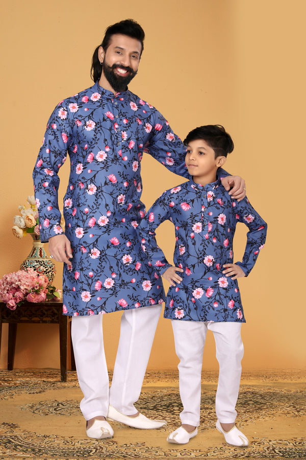Angasudha Matching Father-Son Blue Floral Kurta Set – Midnight Blossom Edition