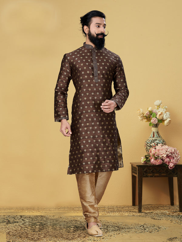 Angasudha Chocolate Brown Brocade Kurta Pyjama Set