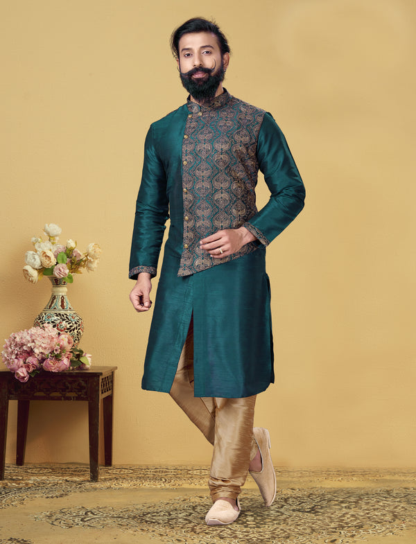 Angasudha Emerald Green Embroidered Asymmetric Kurta Pyjama Set