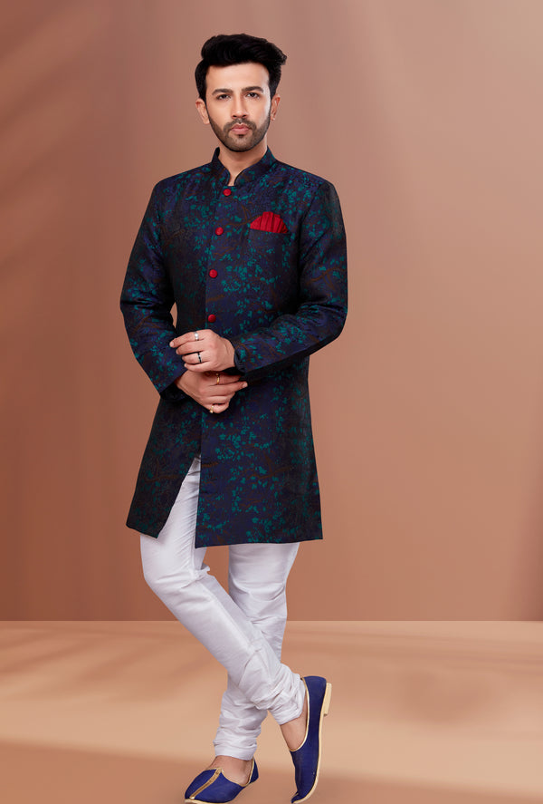 Angasudha Regal Teal-Blue Brocade Indo-Western Jacket Set