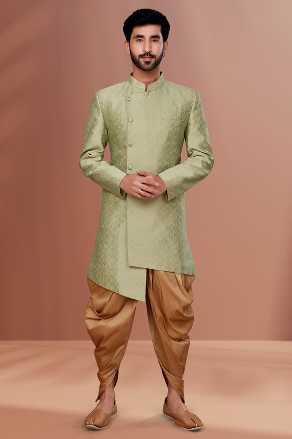 Angasudha Mint Green Textured Indo-Western Set with Golden Dhoti