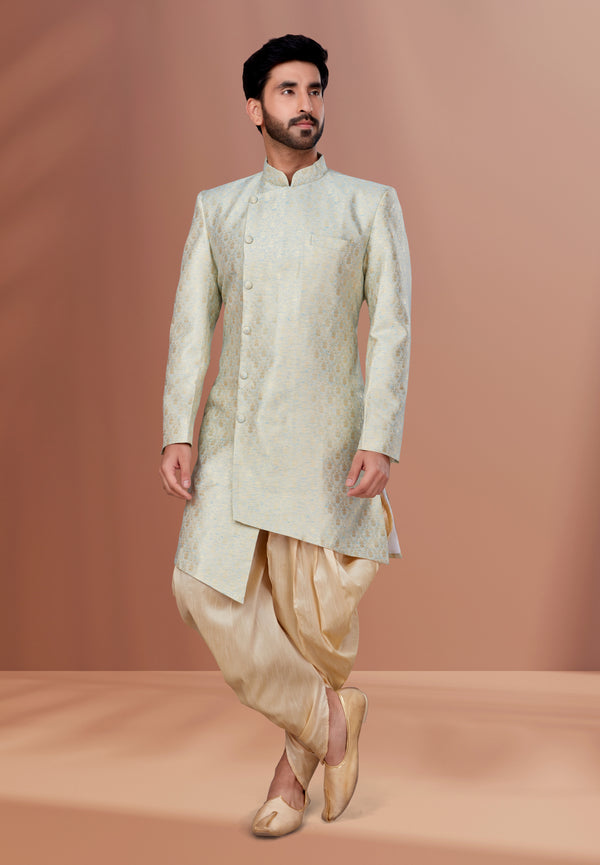 Angasudha Pearl Beige Textured Indo-Western with Golden Dhoti