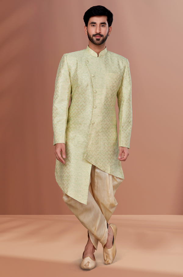 Angasudha Light Pistachio Zigzag Pattern Indo-Western with Golden Dhoti