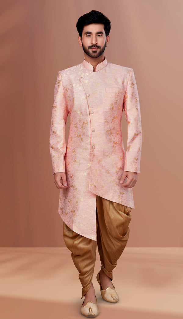Angasudha Blush Pink Floral Jacquard Indo-Western with Golden Dhoti