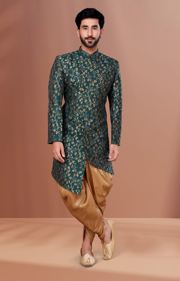 Angasudha Bottle Green Floral Brocade Indo-Western with Golden Dhoti
