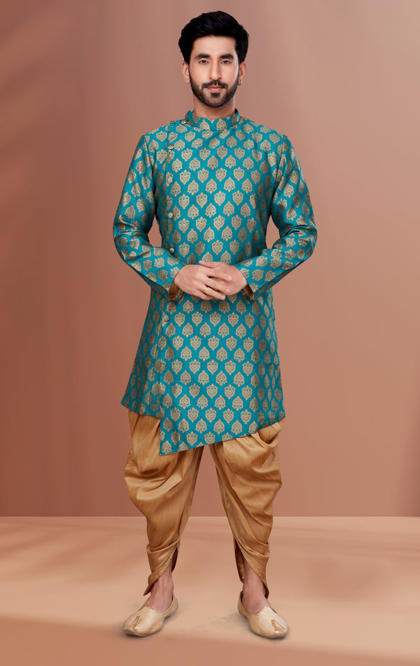 Angasudha Teal Blue Banarasi Brocade Indo-Western with Golden Dhoti