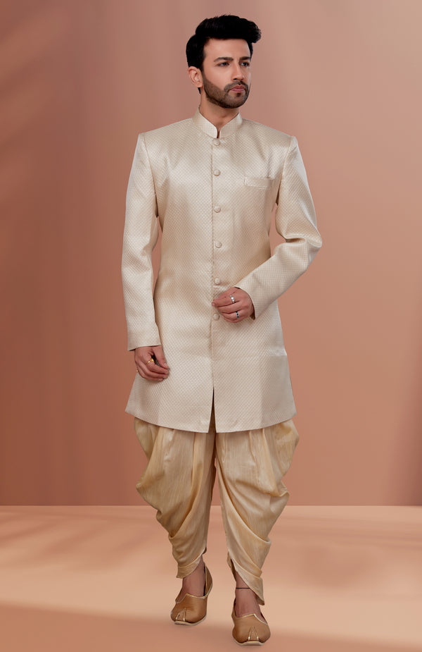 Angasudha Classic Ivory Textured Indo-Western with Golden Dhoti