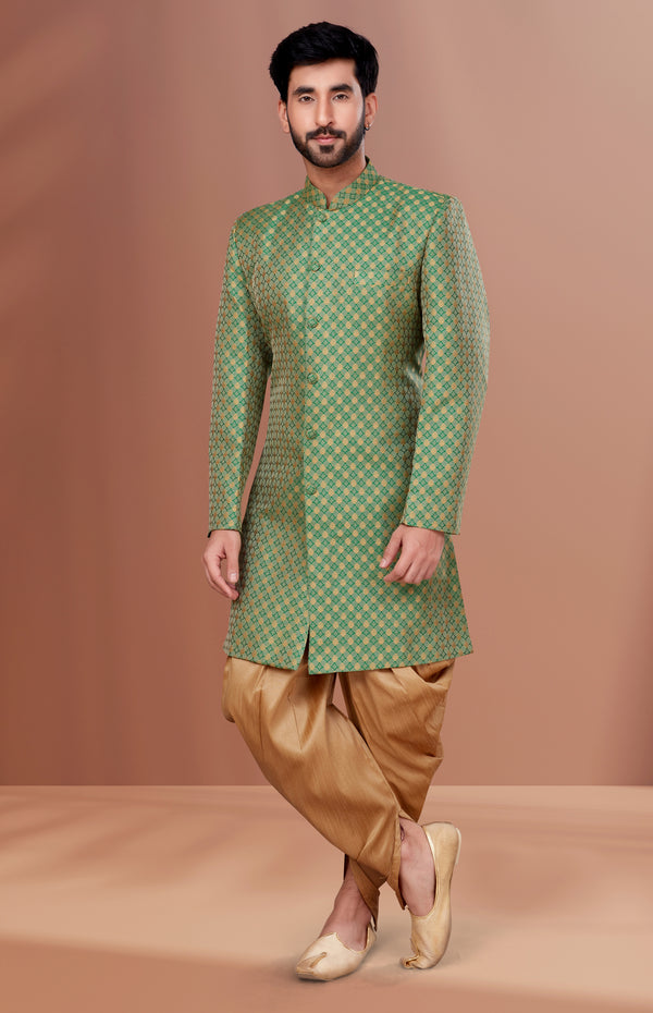 Angasudha Green Diamond Weave Brocade Indo-Western with Golden Dhoti