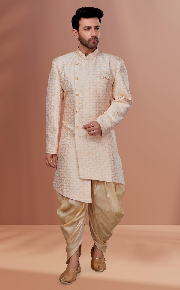 Angasudha Peach Gold Diamond Brocade Indo-Western with Golden Dhoti