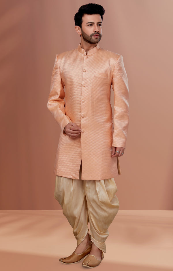 Angasudha Peach Opulence Brocade Sherwani Set