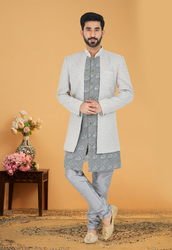 Angasudha Ivory Jacquard Indo-Western Set with Woven Grey Kurta