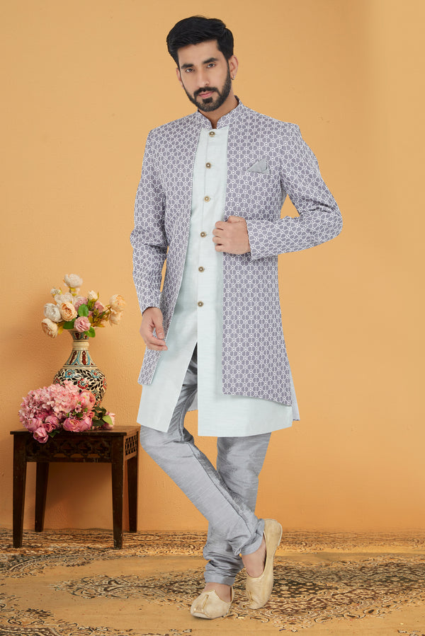 Angasudha Light Grey Printed Indo-Western Set with Mint Kurta
