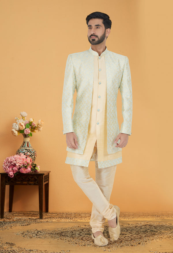 Angasudha Golden Cream Indo-Western Set with Subtle Sky Blue Accents