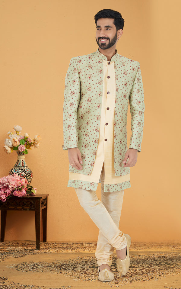Angasudha Pistachio Green Floral Indo-Western Set with Beige Kurta