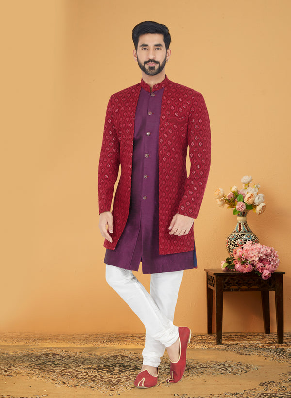 Angasudha Regal Red & Wine Indo-Western Set for Men