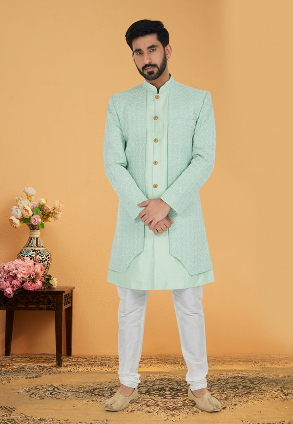 Angasudha Mint Green Textured Indo-Western Set with White Churidar
