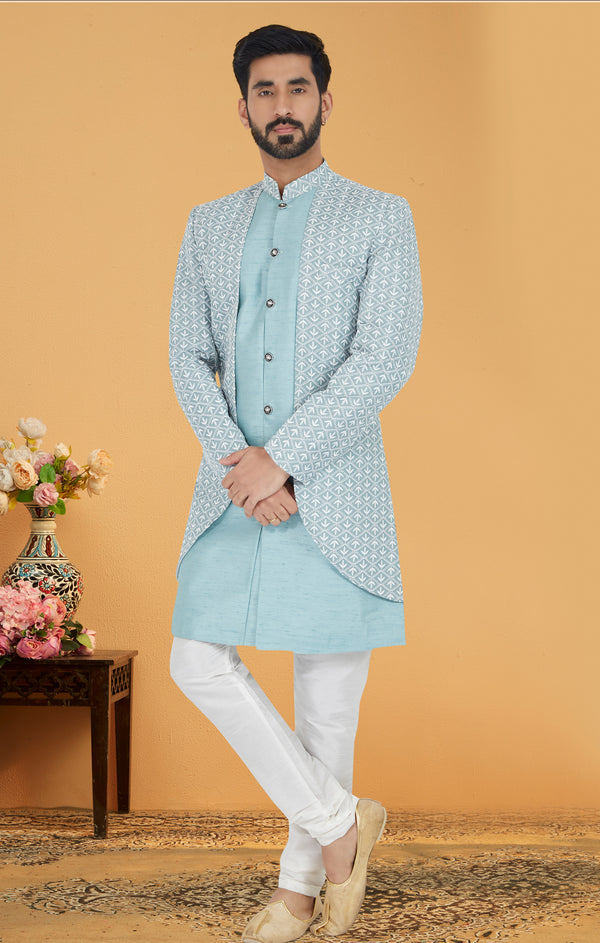 Angasudha Sky Blue Printed Indo-Western Set with White Churidar
