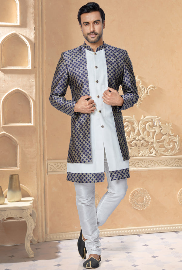 Angasudha Navy Blue & Ivory Contrast Indo-Western Set for Men