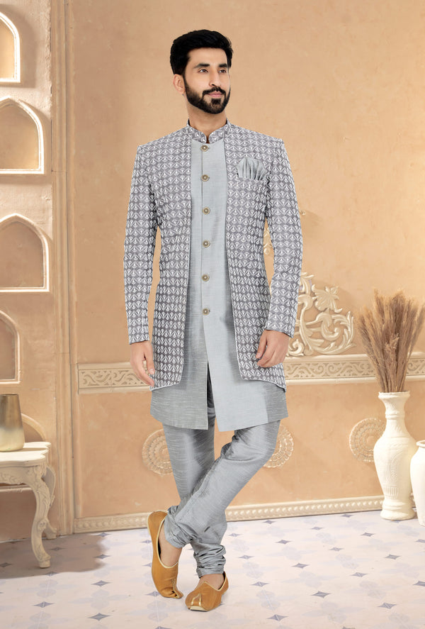 Angasudha Silver Grey Indo-Western Set with Geometric Print Jacket