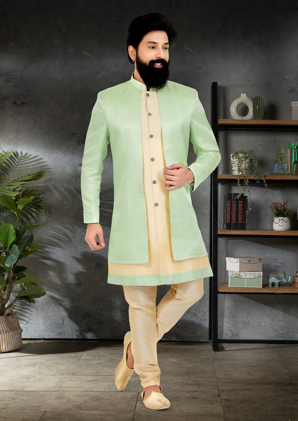 Angasudha Pastel Green & Beige Indo-Western Set for Men