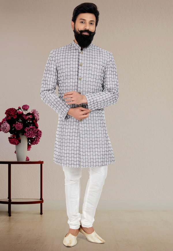 Angasudha Ivory Grey Printed Indo Western Set for Men