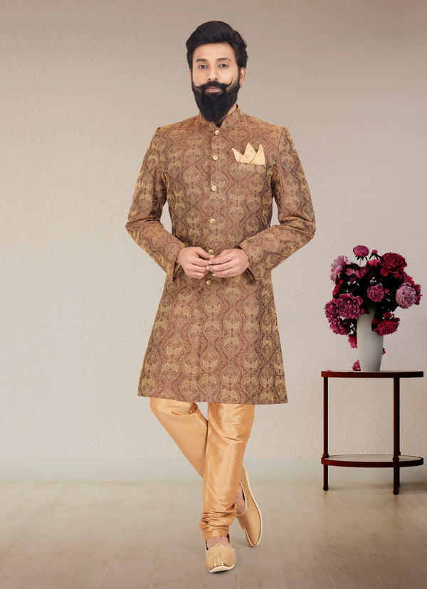 Angasudha Golden Brown Brocade Indo Western Set for Men