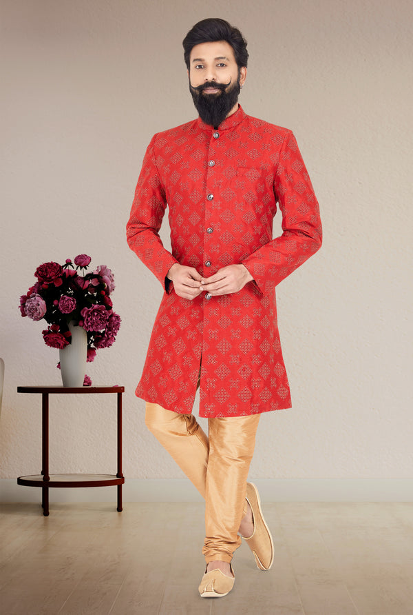 Angasudha Regal Red Embroidered Indo Western Set for Men