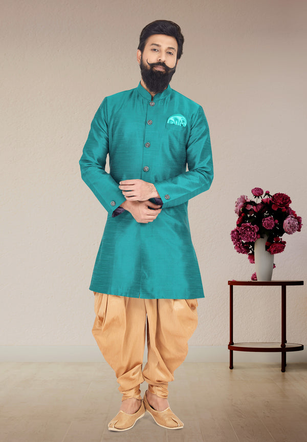 Angasudha Teal Green Solid Indo Western Set with Dhoti Pants