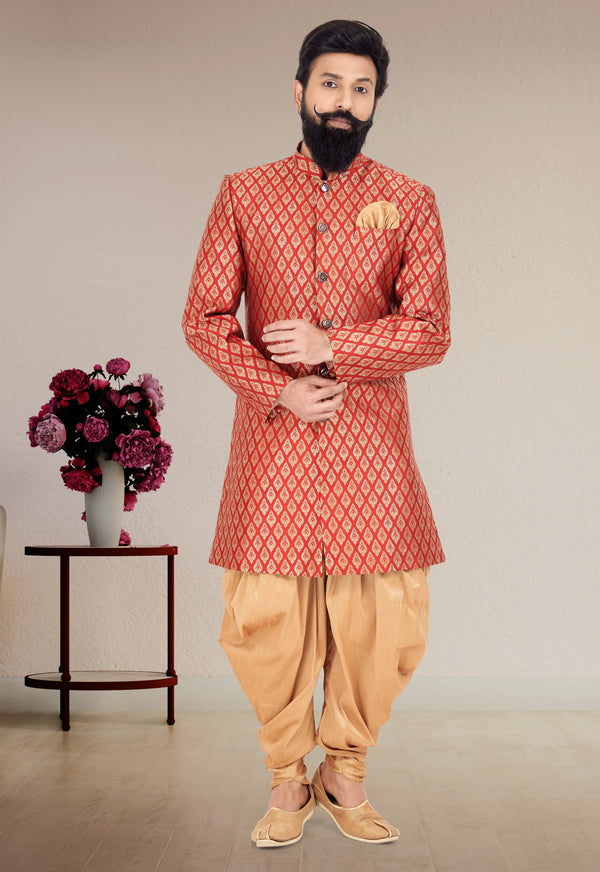 Angasudha Brick Red Diamond Brocade Indo Western Set with Dhoti Pants