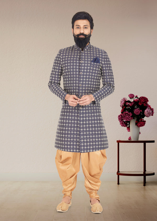 Angasudha Classic Navy Geometric Weave Indo Western Set with Dhoti Pants