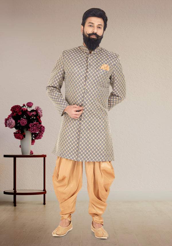 Angasudha Royal Beige & Blue Printed Jodhpuri Set with Dhoti