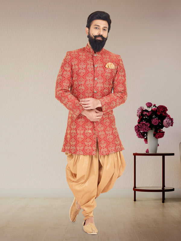 Angasudha Imperial Red Brocade Jodhpuri Set with Dhoti