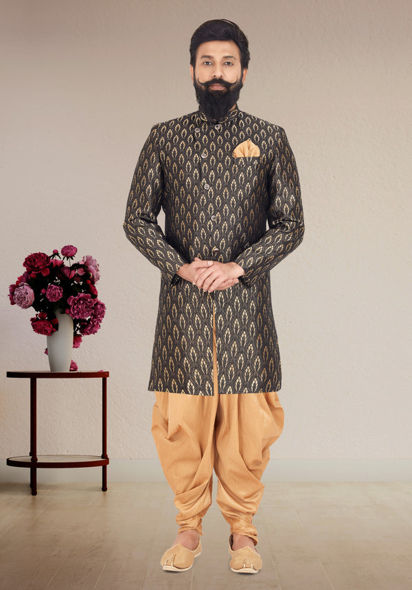 Angasudha Ebony Black Brocade Jodhpuri Set with Dhoti