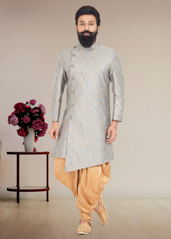 Angasudha Sky Grey Floral Asymmetric Indo Western Set with Dhoti