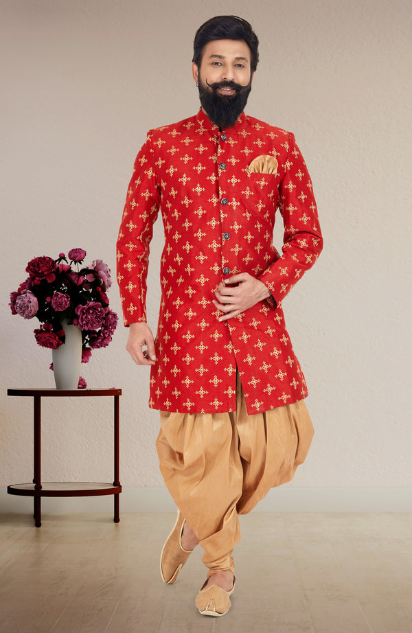 Angasudha Regal Red Embroidered Jodhpuri Set with Dhoti