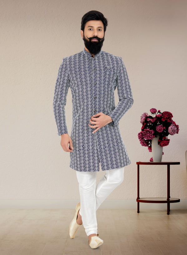 Angasudha Royal Navy Jacquard Jodhpuri Set with Churidar