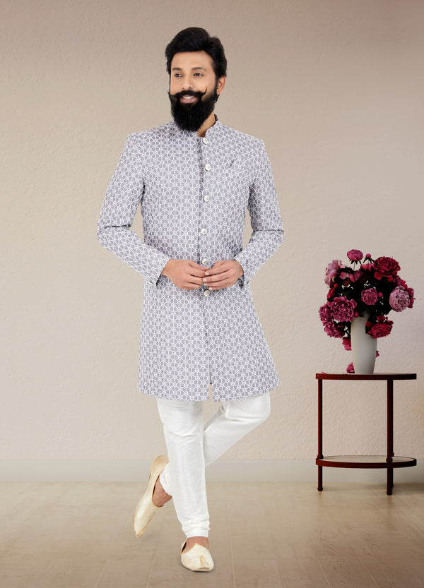 Angasudha Pearl Grey Geometric Jodhpuri Set with Churidar