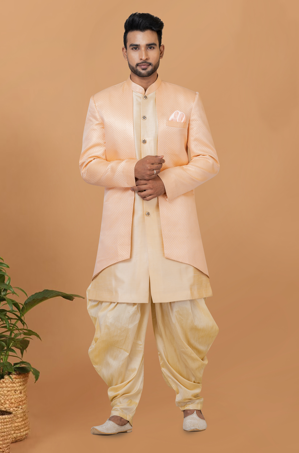 Angasudha Peach Regal Jacquard Silk Indo Western Set