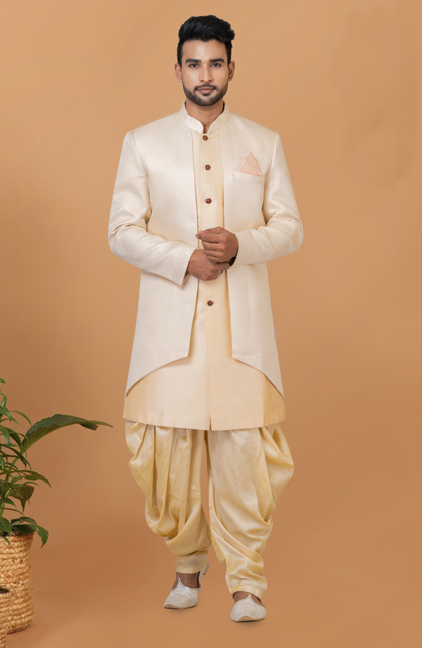 Angasudha Cream Royale Jacquard Silk Indo Western Set